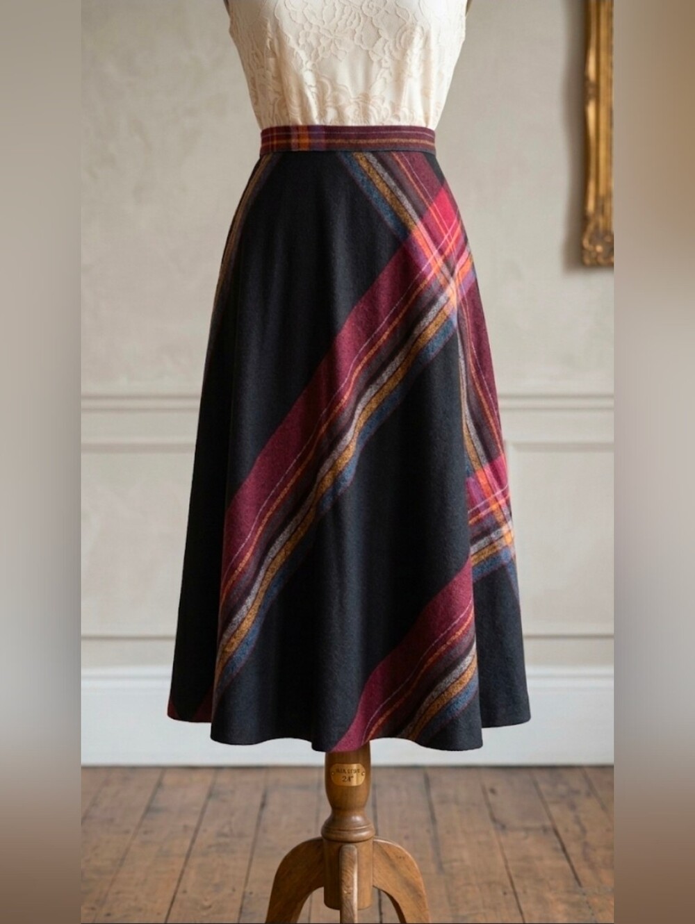 Vintage Plum Street Plaid Maxi Skirt High Waist Wool Blend 7/8 24"W Ex Small USA